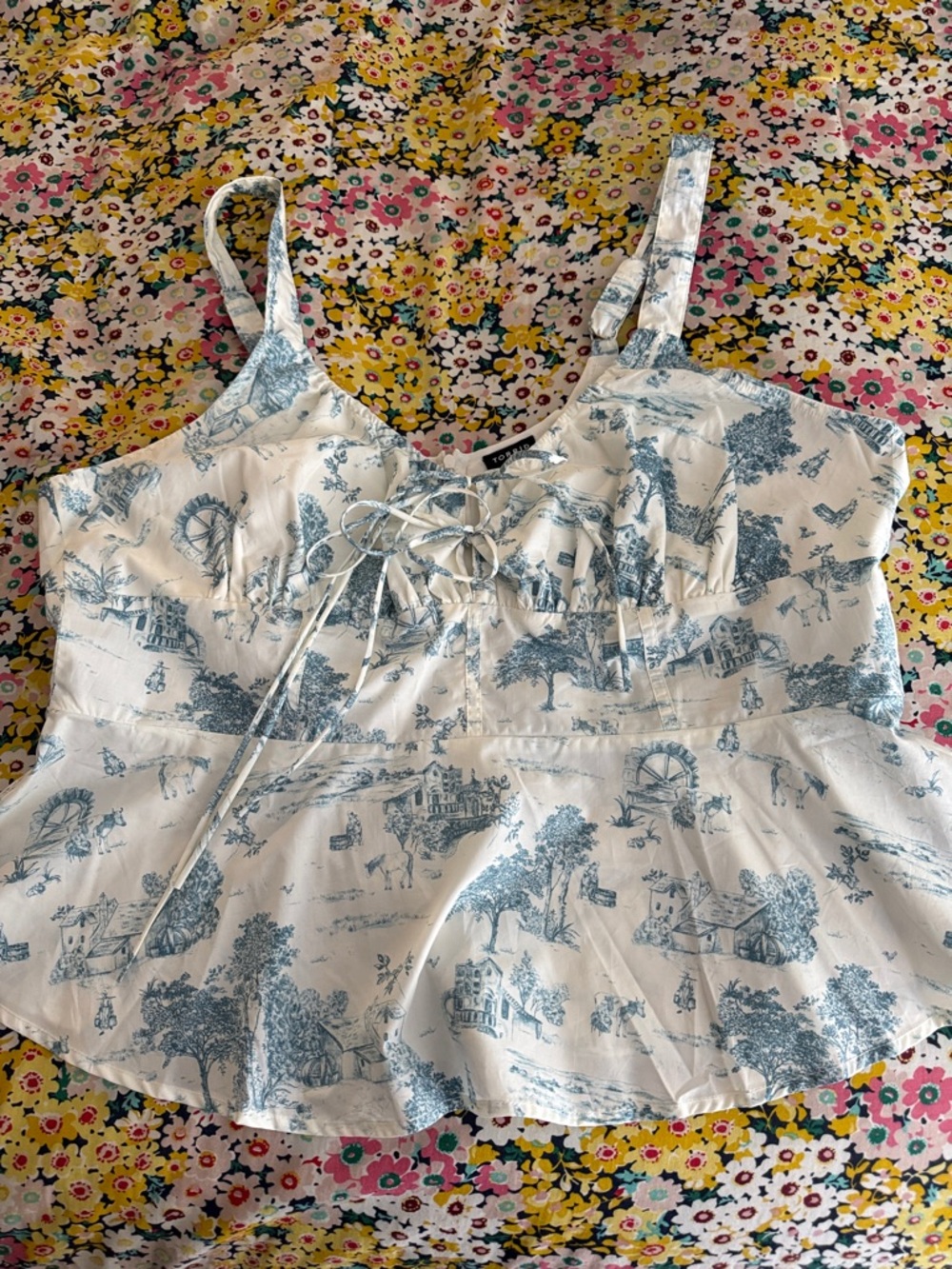 torrid Blue and Cream Toile Lace-Up Peplum Cami